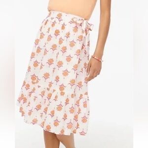 J Crew Skirt Sz 4 White Tiered Faux Wrap Midi Pink Orange Floral 100% Cotton